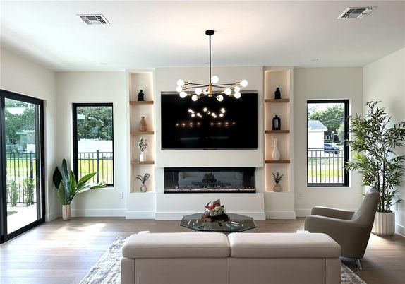 Fireplace, Interior, Living room, Pendant Lights, Recessed Lighting, Wood Texture Flooring