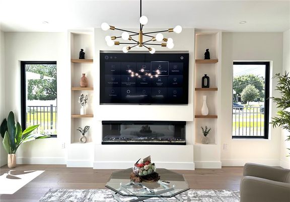 Fireplace, Interior, Pendant Lights, Recessed Lighting, Wood Texture Flooring