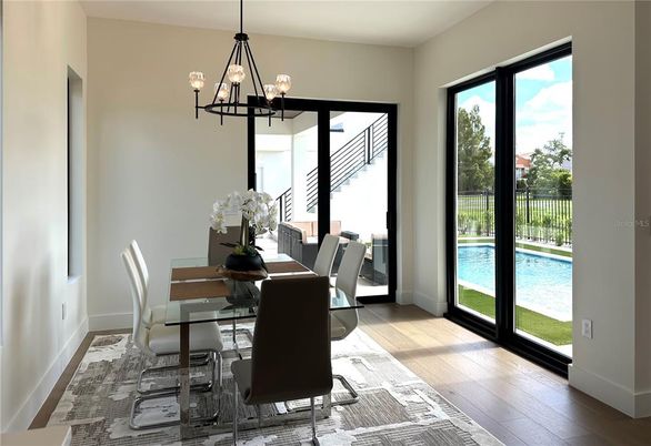 Chandelier, Dining room, Interior, Wood Texture Flooring