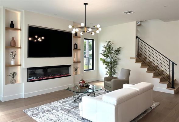 Fireplace, Interior, Living room, Pendant Lights, Wood Texture Flooring