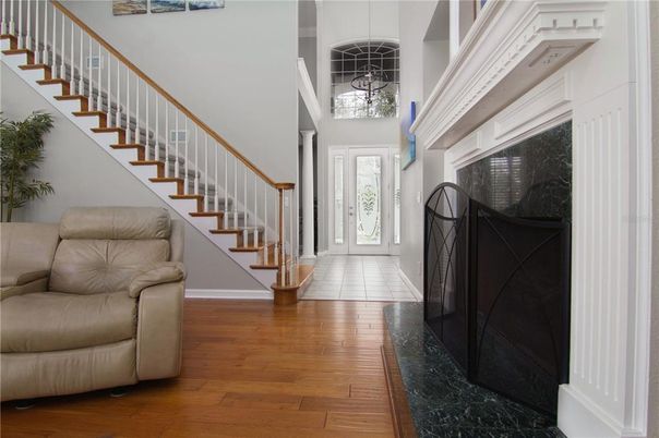 Fireplace, Interior, Pendant Lights, Wood Texture Flooring