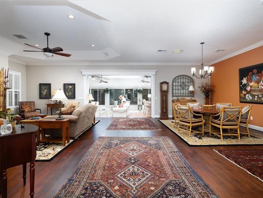 Chandelier, Dining room, Interior, Living room, Recessed Lighting, Wood Texture Flooring