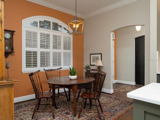 Dining room, Interior, Pendant Lights, Wood Texture Flooring