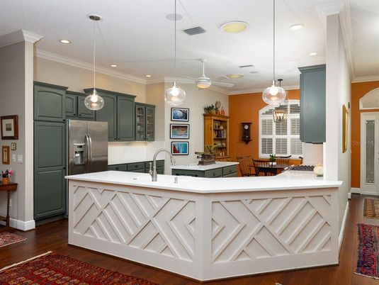 Dining room, Interior, Kitchen, Pendant Lights, Recessed Lighting, Stainless Steel Appliances, Wood Texture Flooring