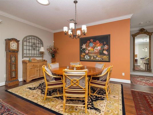 Chandelier, Dining room, Interior, Recessed Lighting, Wood Texture Flooring