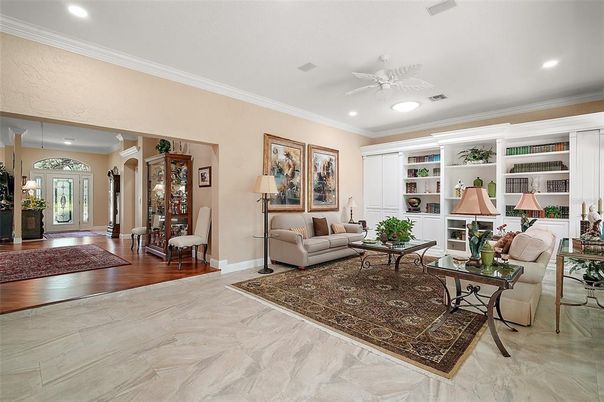 Interior, Living room, Marble, Recessed Lighting, Wood Texture Flooring