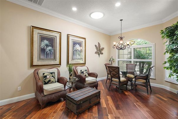 Chandelier, Dining room, Interior, Recessed Lighting, Wood Texture Flooring