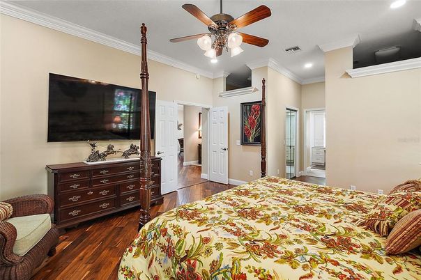 Bedroom, Interior, Recessed Lighting, Wood Texture Flooring