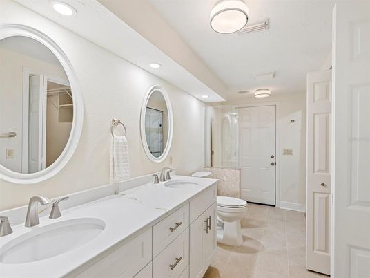 Bathroom, Dual Sink Vanities, Glass Shower, Interior, Recessed Lighting