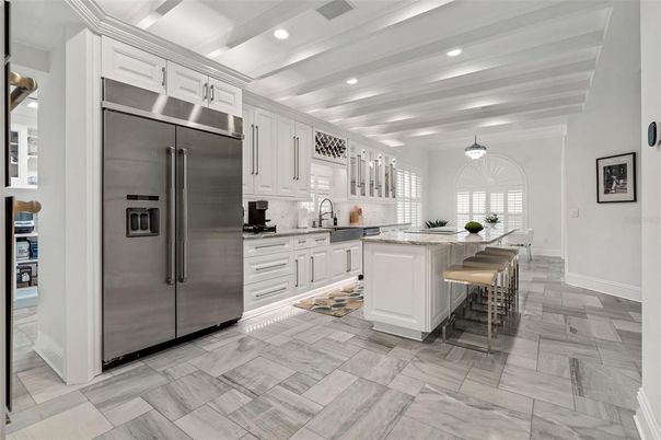 Interior, Kitchen, Marble, Pendant Lights, Recessed Lighting, Stainless Steel Appliances