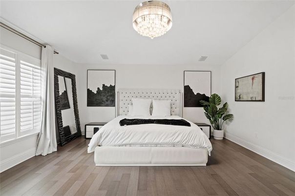 Bedroom, Chandelier, Interior, Wood Texture Flooring