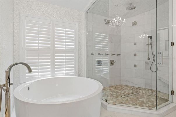 Bathroom, Free Standing Baths, Glass Shower, Interior, Marble Walls, Pendant Lights