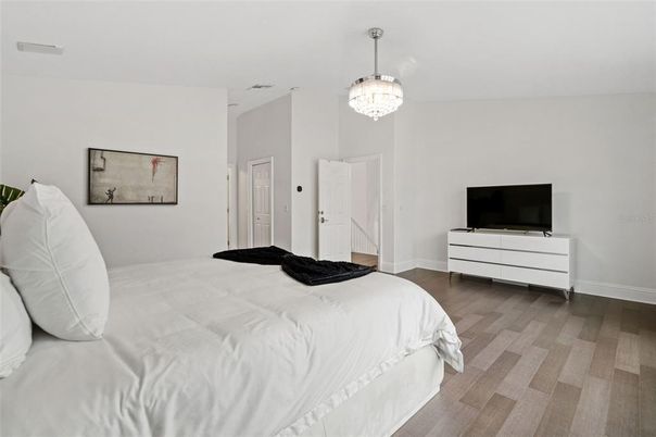 Bedroom, Chandelier, Interior, Wood Texture Flooring