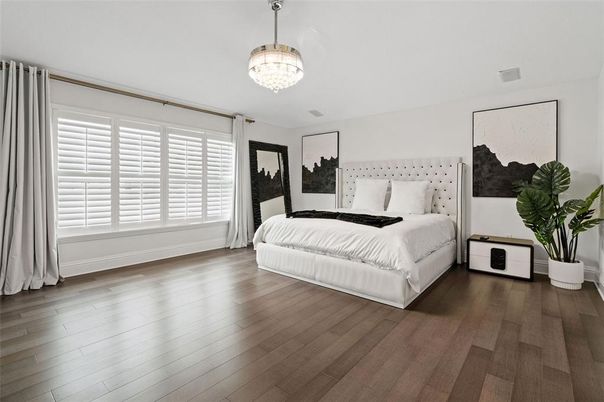 Bedroom, Chandelier, Interior, Pendant Lights, Wood Texture Flooring
