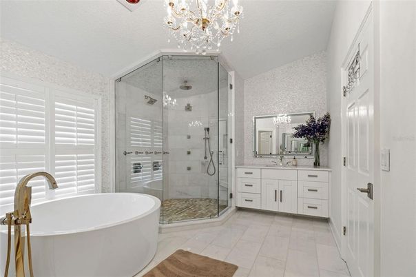 Bathroom, Chandelier, Dual Sink Vanities, Free Standing Baths, Glass Shower, Interior
