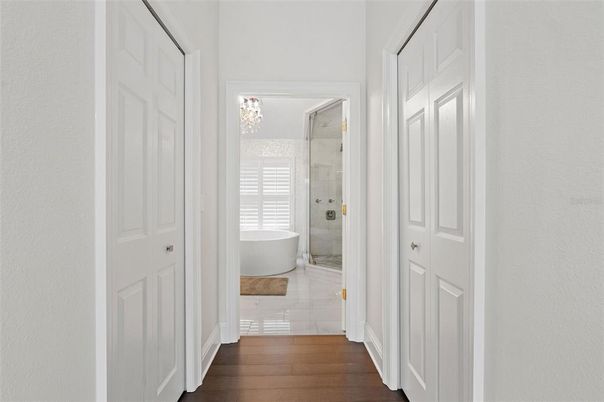 Bathroom, Free Standing Baths, Glass Shower, Interior, Wood Texture Flooring
