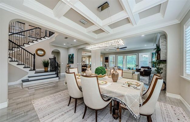 Dining room, Interior, Living room, Pendant Lights, Recessed Lighting, Wood Texture Flooring