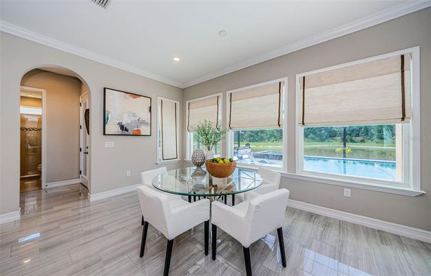 Dining room, Interior, Recessed Lighting, Wood Texture Flooring