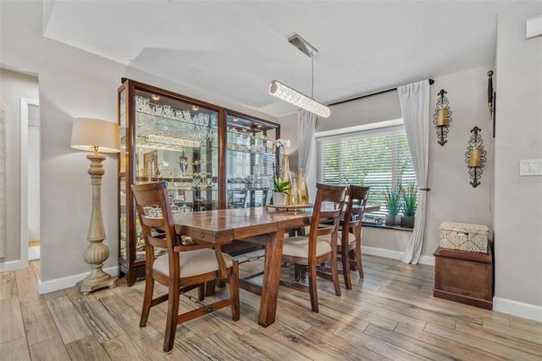 Dining room, Interior, Pendant Lights, Wood Texture Flooring