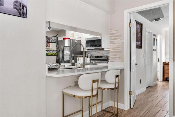 Interior, Kitchen, Pendant Lights, Stainless Steel Appliances, Wood Texture Flooring