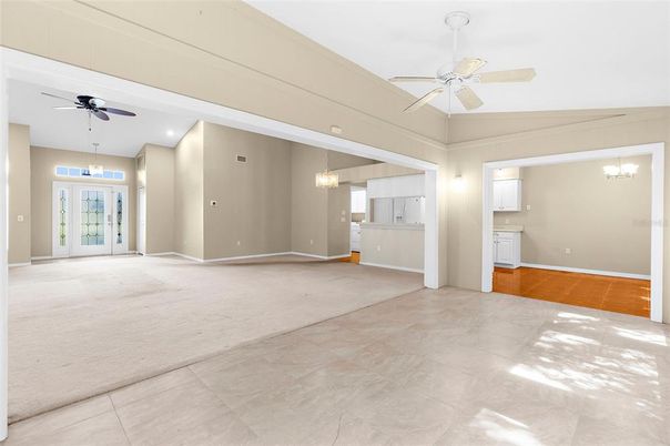 Chandelier, Empty room, Interior, Pendant Lights, Recessed Lighting, Wood Texture Flooring
