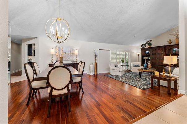 Dining room, Interior, Living room, Pendant Lights, Wood Texture Flooring