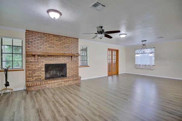 Empty room, Fireplace, Interior, Stone Walls, Wood Texture Flooring