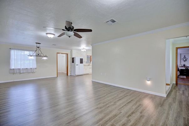 Empty room, Interior, Kitchen, Pendant Lights, Wood Texture Flooring