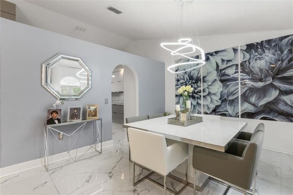 Dining room, Interior, Marble, Pendant Lights