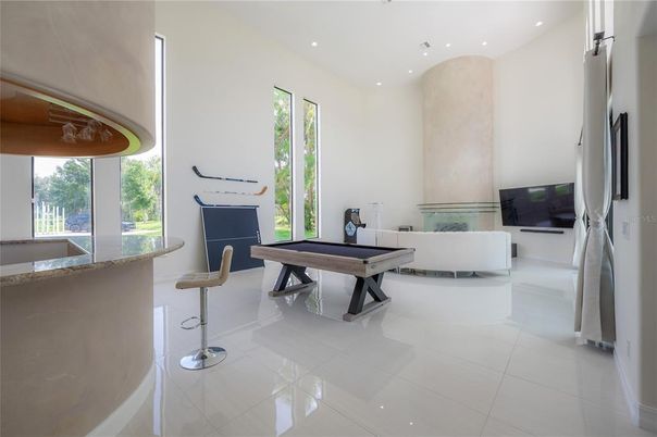 Billiard Table, Fireplace, Game Room, Interior, Recessed Lighting