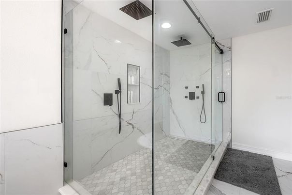Bathroom, Glass Shower, Interior, Marble Walls, Recessed Lighting