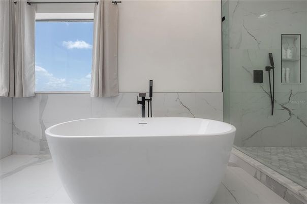Bathroom, Free Standing Baths, Glass Shower, Interior, Marble, Marble Walls
