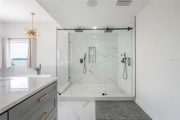 Bathroom, Glass Shower, Interior, Marble, Marble Walls, Pendant Lights
