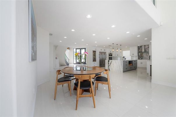 Dining room, Interior, Kitchen, Marble Walls, Pendant Lights, Recessed Lighting