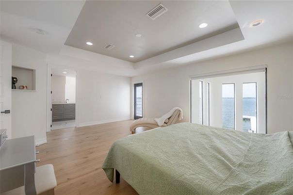 Bedroom, Interior, Recessed Lighting, Water, Wood Texture Flooring