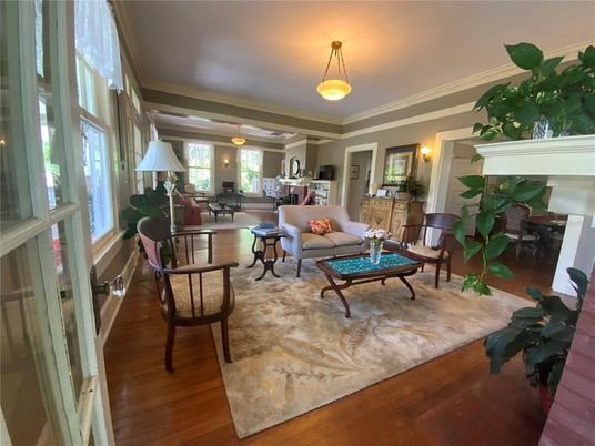 Dining room, Fireplace, Interior, Living room, Pendant Lights, Wood Texture Flooring