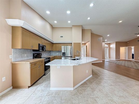 Interior, Kitchen, Recessed Lighting, Stainless Steel Appliances, Wood Texture Flooring