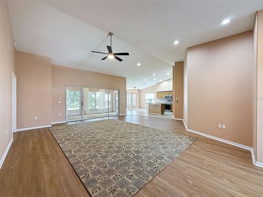 Empty room, Interior, Kitchen, Pendant Lights, Recessed Lighting, Wood Texture Flooring