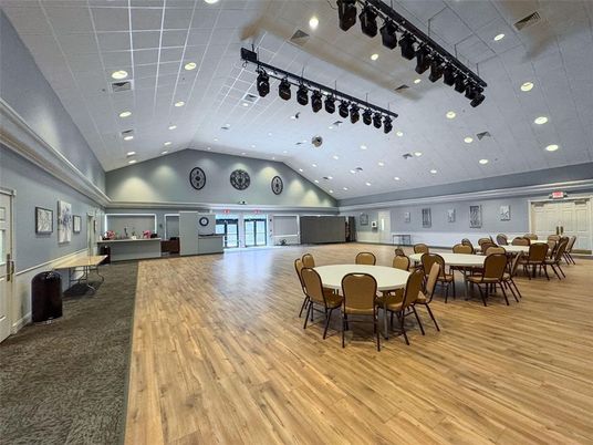 Dining room, Interior, Projection Screen, Recessed Lighting, Wood Texture Flooring
