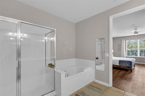 Bathroom, Bedroom, Glass Shower, Interior, Wood Texture Flooring