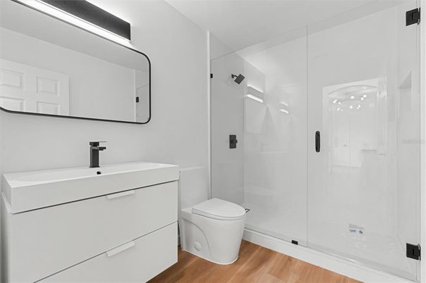 Bathroom, Glass Shower, Interior, Wood Texture Flooring