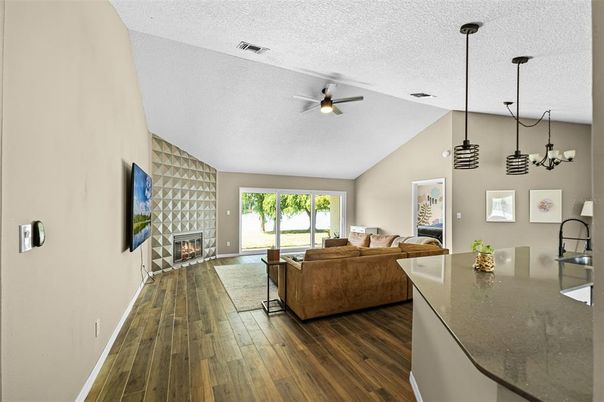 Fireplace, Interior, Living room, Pendant Lights, Wood Texture Flooring