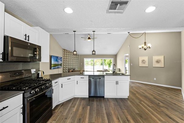 Chandelier, Interior, Kitchen, Pendant Lights, Recessed Lighting, Wood Texture Flooring