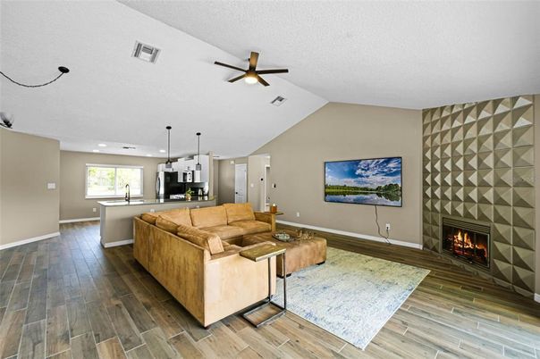 Fireplace, Interior, Kitchen, Living room, Pendant Lights, Recessed Lighting, Wood Texture Flooring