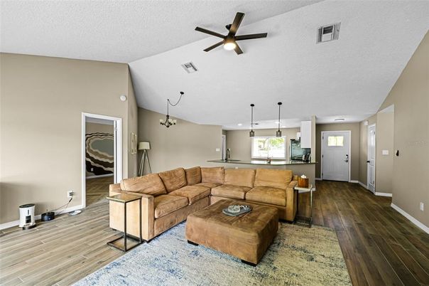 Interior, Kitchen, Living room, Pendant Lights, Recessed Lighting, Wood Texture Flooring
