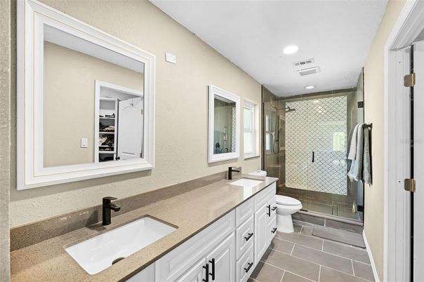 Bathroom, Dual Sink Vanities, Glass Shower, Interior, Recessed Lighting