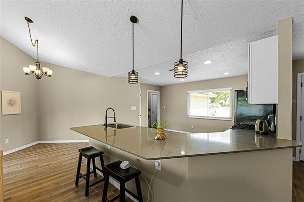 Chandelier, Interior, Kitchen, Pendant Lights, Recessed Lighting, Wood Texture Flooring