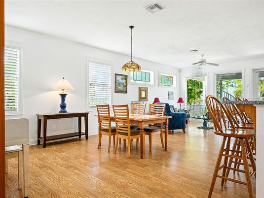 Dining room, Interior, Living room, Pendant Lights, Wood Texture Flooring