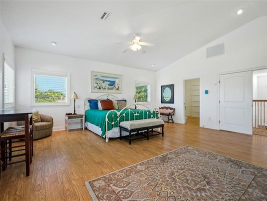 Bedroom, Interior, Recessed Lighting, Wood Texture Flooring