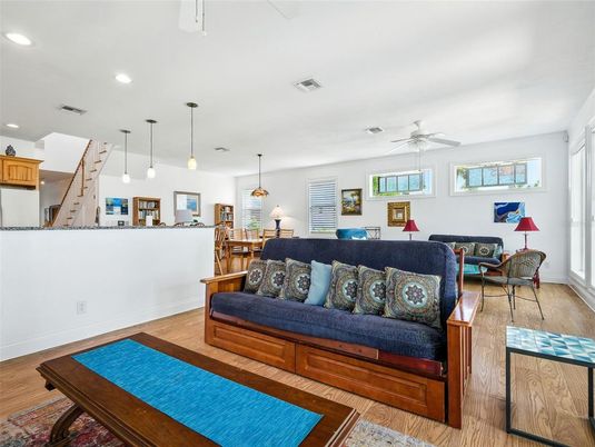 Dining room, Interior, Living room, Pendant Lights, Recessed Lighting, Wood Texture Flooring